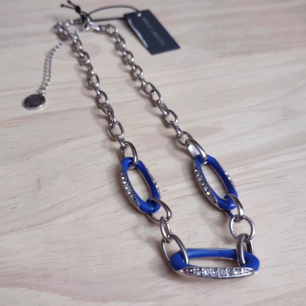 Vince Camuto Silver Chain Crystal Studded Blue Enamel Necklace